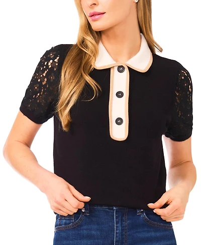 CeCe Women's Short Sleeve Polo Collar Sweater with Lace Sleeves