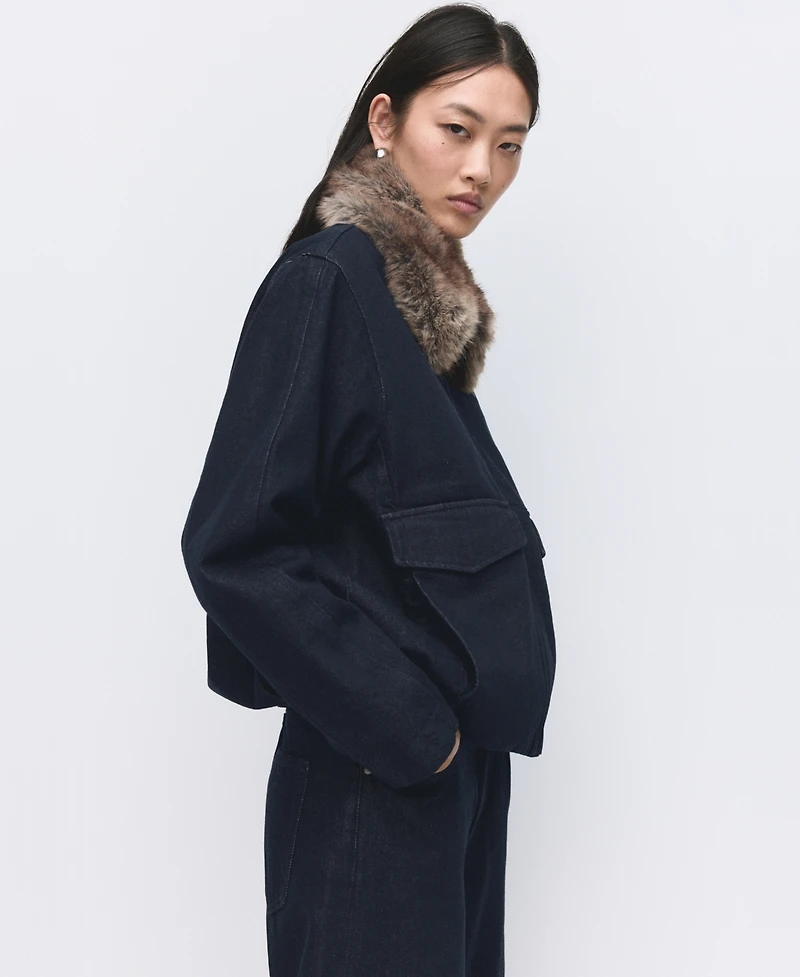 Mango Women's Fur Collar Denim Jacket