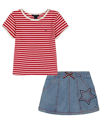 Tommy Hilfiger Girls' Toddler 2T-4T Striped Pointelle Rib T-Shirt & Star Patch Denim Skort, 2-Piece Set