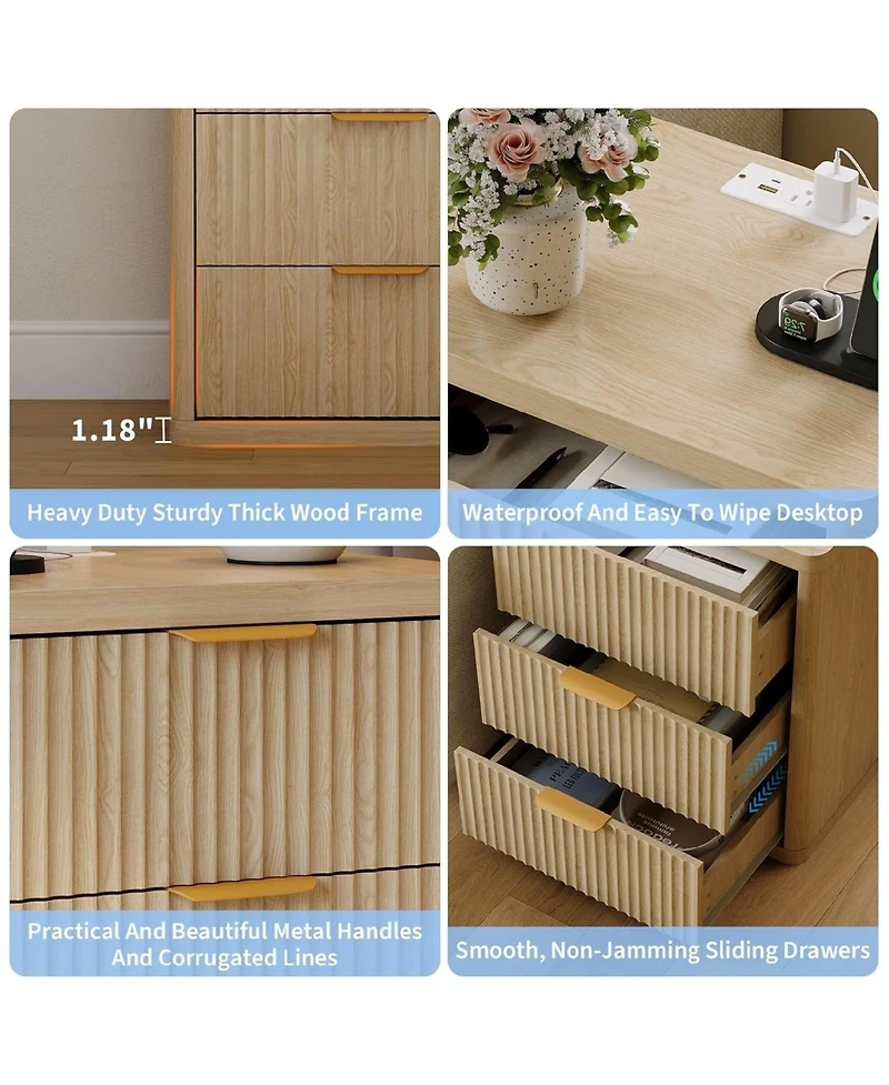 gaomon 1PC Natural Fluted Nightstand, 3-Drawer Bedside Table with Charging Station & Open Storage