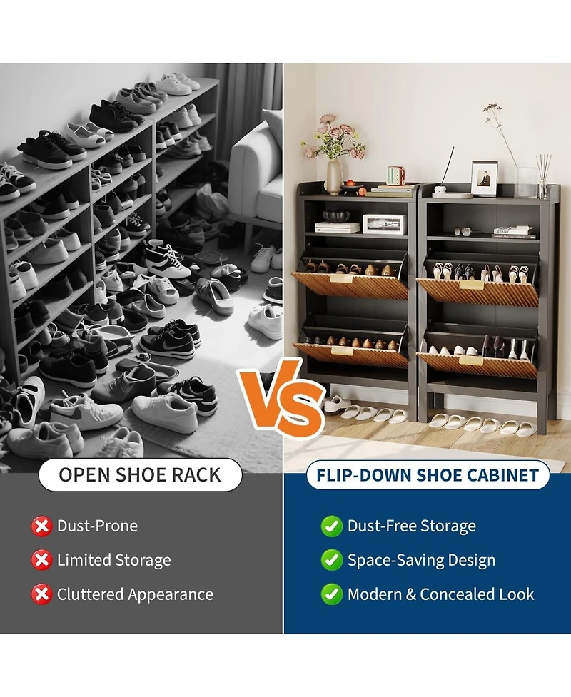 gaomon Shoe Storage Cabinet with 2 Flip Drawers, Fluted Narrow Shoe Storage Cabinet Organizer with Legs