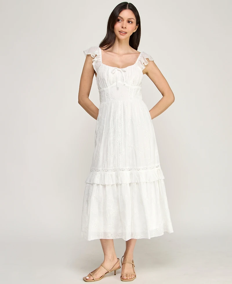 Row A Women's Flutter Sleeve Embroidered Midi Dress