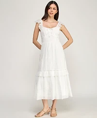 Row A Women's Flutter Sleeve Embroidered Midi Dress