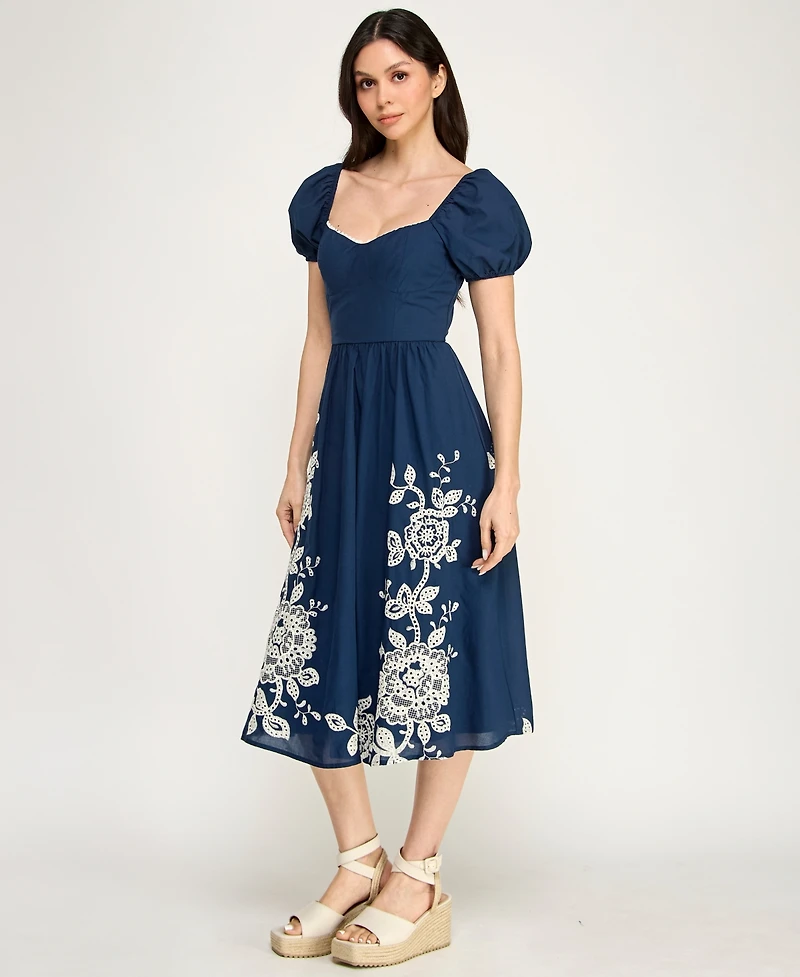 Row A Women's Embroidered Sweetheart Neck Midi Dress