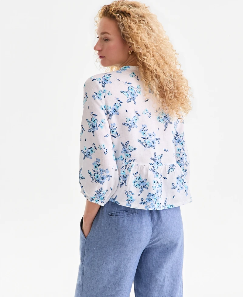 Charter Club Women's 100% Linen Blouson-Sleeve Peplum Top, Macy's Exclusive