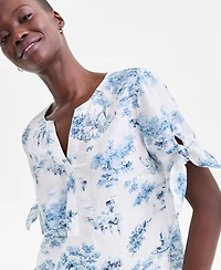 Charter Club Women's 100% Linen Split-Neck Tie-Cuff Top, Created for Macy's