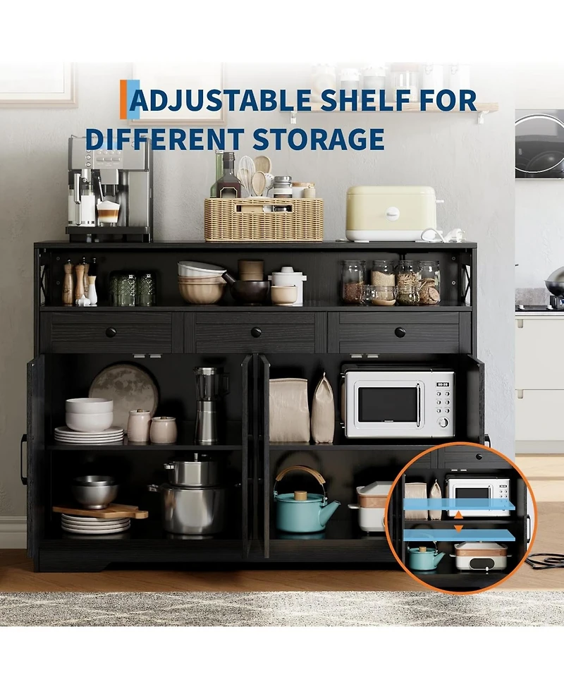 Gaomon Farmhouse Black Sideboard Buffet Cabinet with Storage Shelf and Built-in Charging Station, 51-inch Large Coffee Bar Hutch