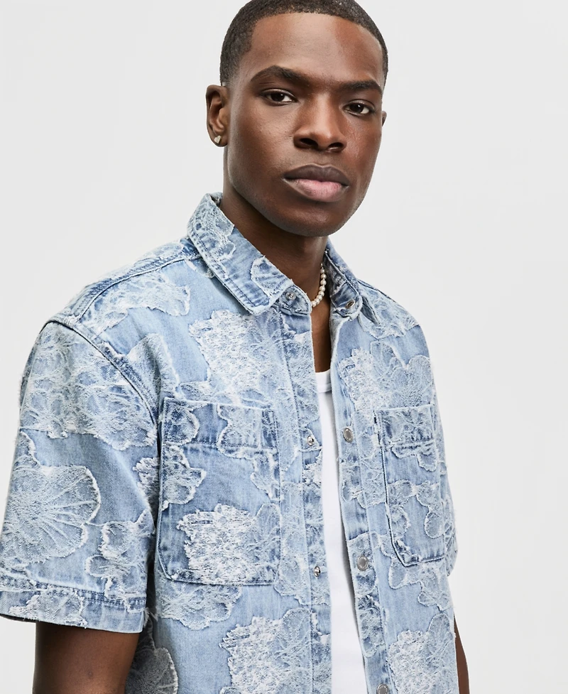 Mode of One Men's Meadow Short-Sleeve Jacquard Denim Shirt, Macy's Exclusive