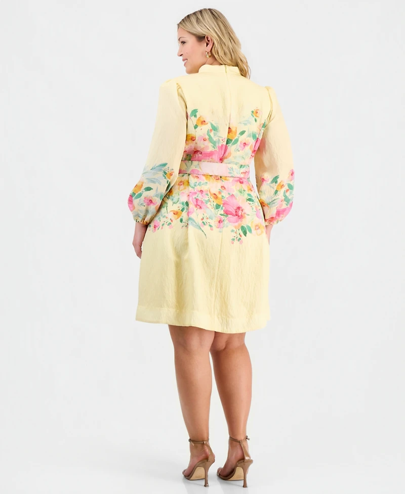 Tahari Asl Plus Placed-Print Belted Fit & Flare Dress