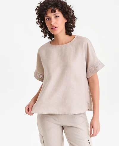 Charter Club Women's 100% Linen Eyelet-Trim Short-Sleeve Top, Macy's Exclusive