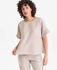 Charter Club Women's 100% Linen Eyelet-Trim Short-Sleeve Top, Macy's Exclusive