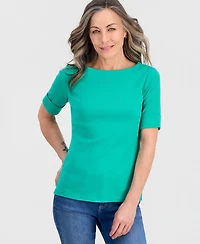 Style & Co Petite Cotton Elbow-Sleeve Boat-Neck Top, Exclusively at Macy's