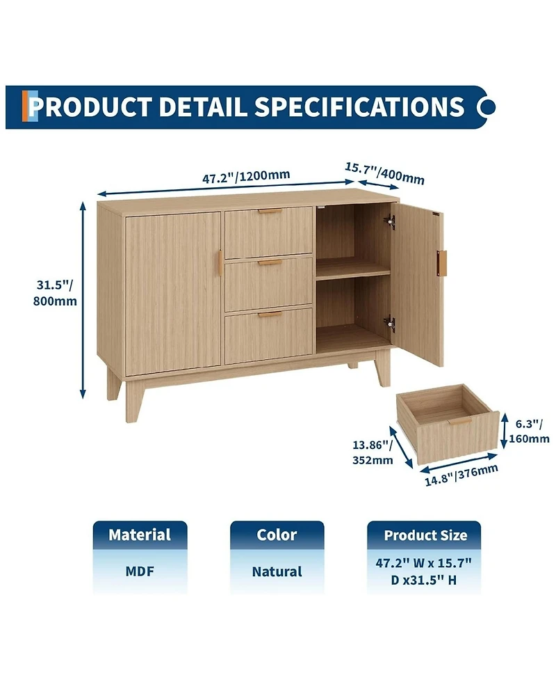 Gaomon Fluted Sideboard Buffet Cabinet, 47.2in Large Accent Coffee Bar Cupboard Storage Cabinet with 3 Drawers 2 Doors for Kitchen Living Room