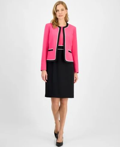 Kasper Womens Contrast Trim Open Front Jacket Colorblock Sheath Dress
