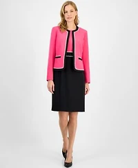 Kasper Womens Contrast Trim Open Front Jacket Colorblock Sheath Dress