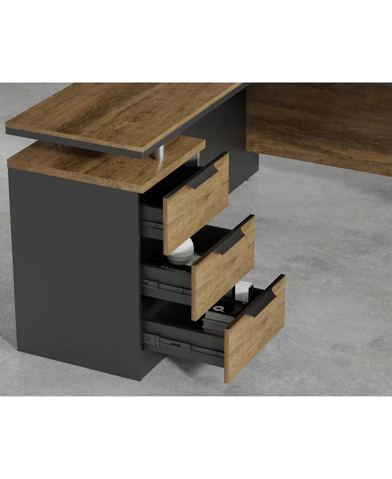 logicfox 63-Inch L-Shaped Compact Desk in Brown with Drawer