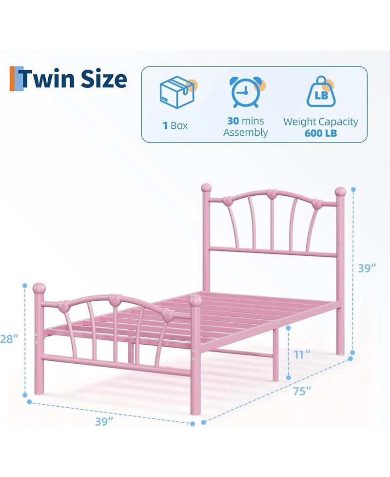 gaomon Twin Bed Frame for Girls, Heart-Shaped Headboard & Footboard, Heavy-Duty Metal Slat Support, No Box Spring, Easy Assembly