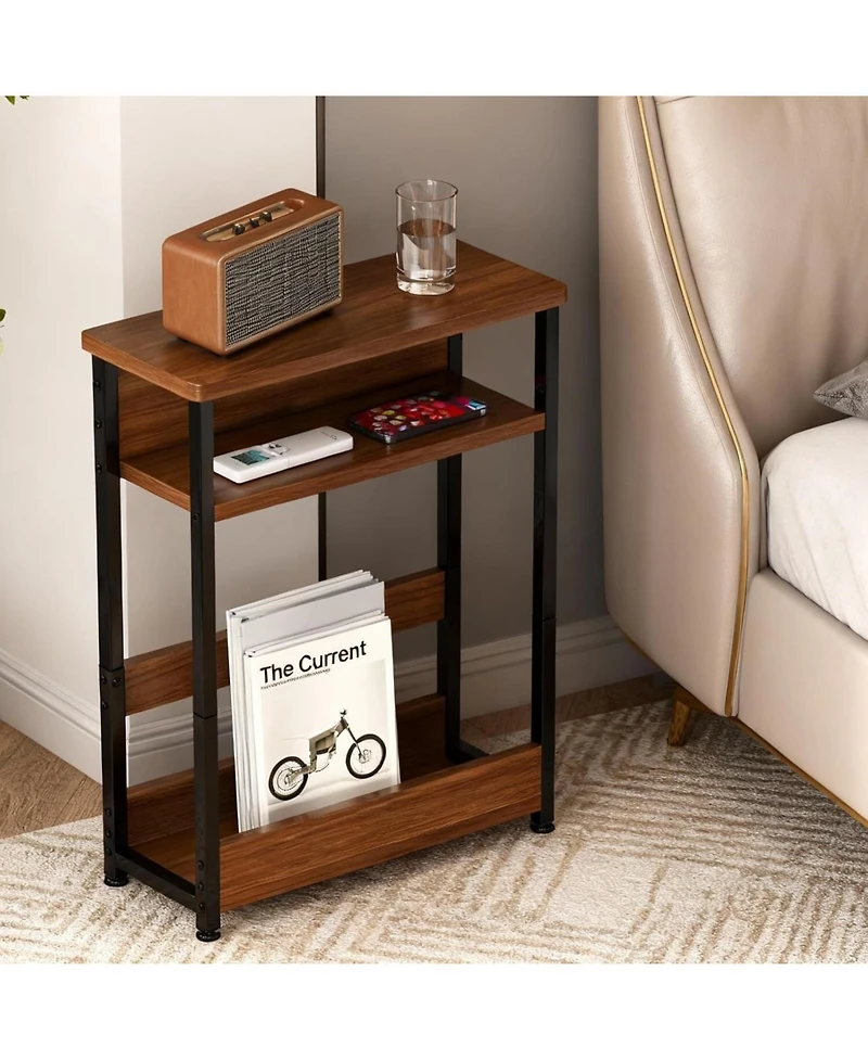 gaomon Walnut Narrow Side Table Nightstand, Storage Shelf & Magazine Rack Slim Organizer for Small Bathroom Bedroom
