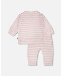 Draft - Deux par Baby Girls Cotton Jersey Top and Pants Set White Pink Stripes