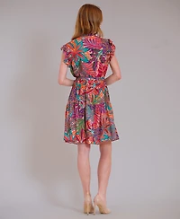 julia jordan Women's Ruffle Sleeve Printed Keyhole Neck Mini Dress