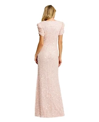 Mac Duggal Petite Embellished Mesh High Neck Puff Sleeve Gown