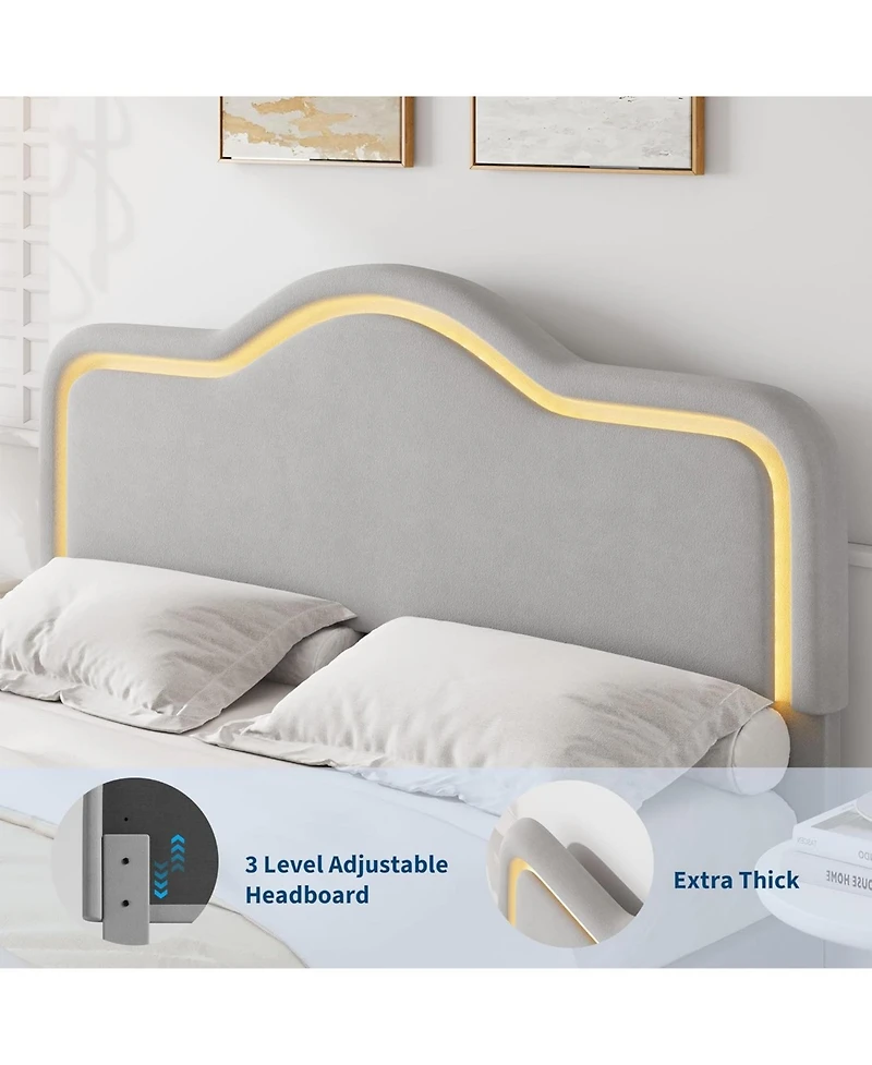 gaomon Queen Velvet Bed Frame with Led Headboard & Footboard, Princess Platform, Slat Support, Gray