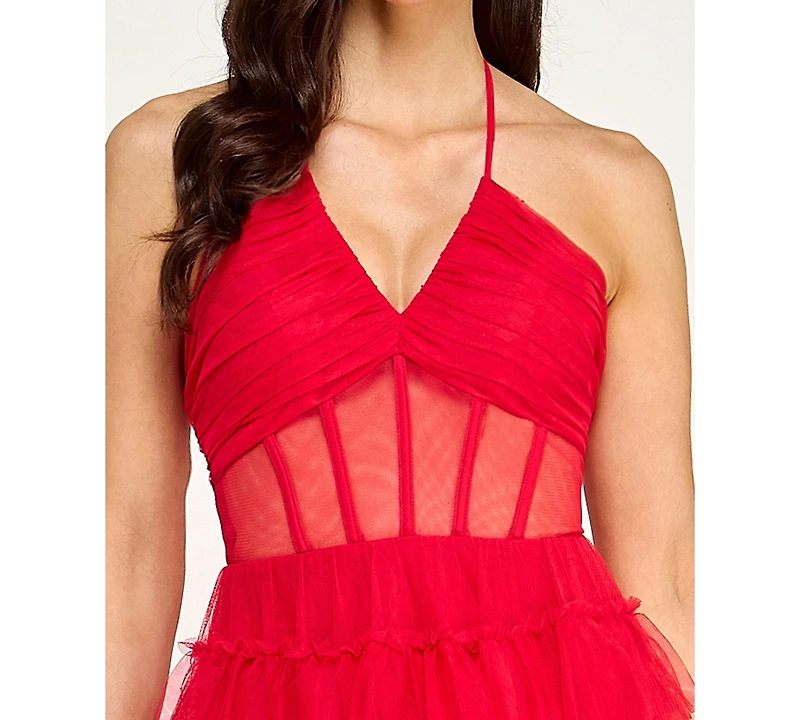 City Studios Juniors' Corset Halter Ruffle Tier Skirt Gown