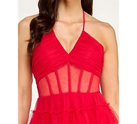 City Studios Juniors' Corset Halter Ruffle Tier Skirt Gown
