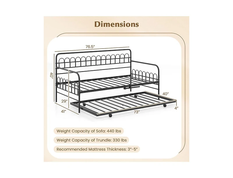 Draft - Slickblue Twin Metal Daybed with Curved Backrest and Armrests
