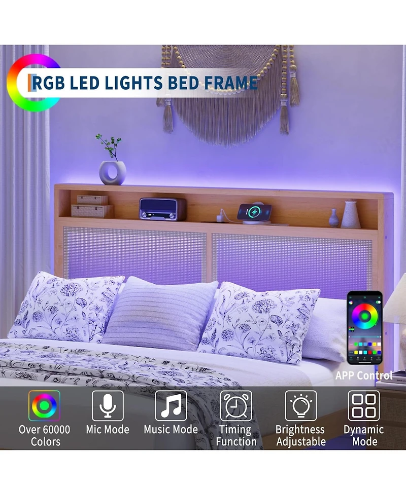 gaomon Rattan Queen Size Bed Frame with Led Lights, Boho Wood Bed, Storage Headboard, Charging Station, No Box Spring
