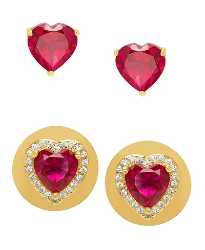 Macy's 2-Piece Lab-Grown Ruby (3.20 ct. t.w.) & Lab-Grown White Sapphire (0.24 ct. t.w.) Heart Stud Earrings Set in 14k Gold Over Sterling Silver