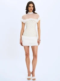 Miss Circle Women's Taylor Ivory Fur Trimmed Beaded Boucle Mini Dress