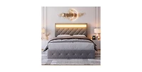 gaomon Full Bed Frame with Charging Station and Led Lights, Upholstered Adjustable Headboard, Wood Slats
