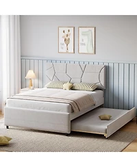 gaomon full upholstered trundle bed with pull-out platform and wood slats for space-saving use