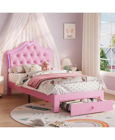 gaomon twin pink upholstered bed with Led lights, drawer, crystal headboard