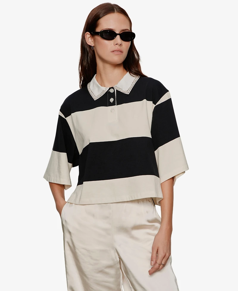 Sanctuary Women's Semi Crop Embellished Collared Polo Top