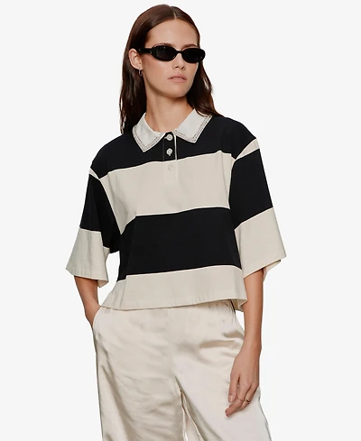 Sanctuary Women's Semi Crop Embellished Collared Polo Top