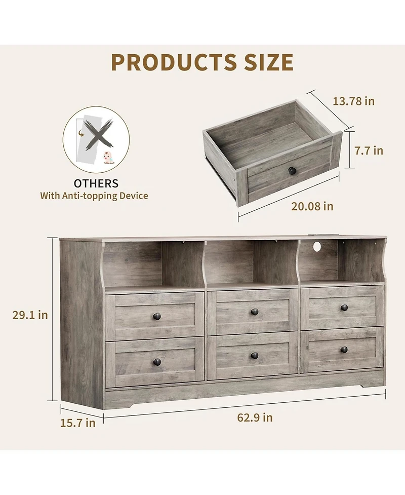 Gaomon 63" Bedroom Dresser with Led Lights & Charging Station Wood Chest of Drawers