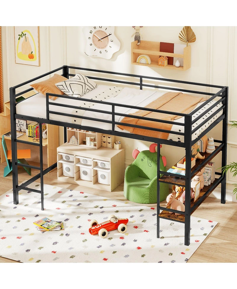 Slickblue Twin Low Loft Bed with Ladder and Shelf Storage for Kids