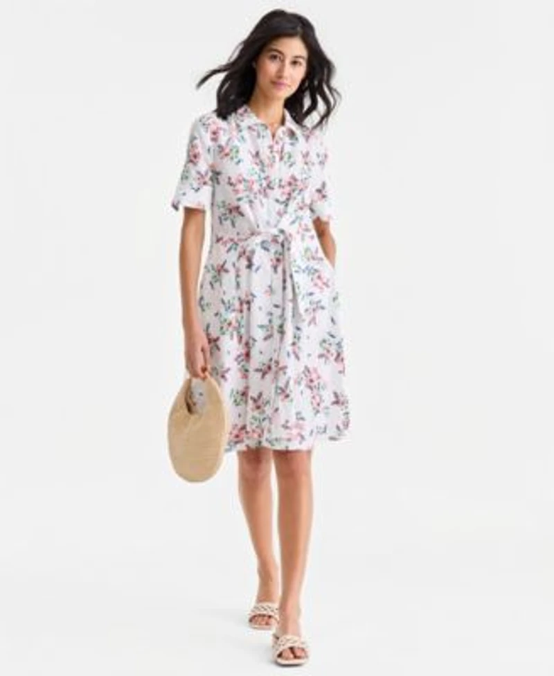 Charter Club Womens 100 Linen Tie Front Fit Flare Dress Created For Macys