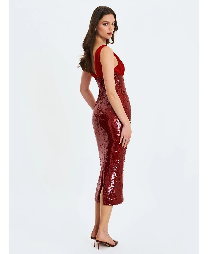 Miss Circle Women's Shanelle Crimson Sequin Plunging Midi Dress