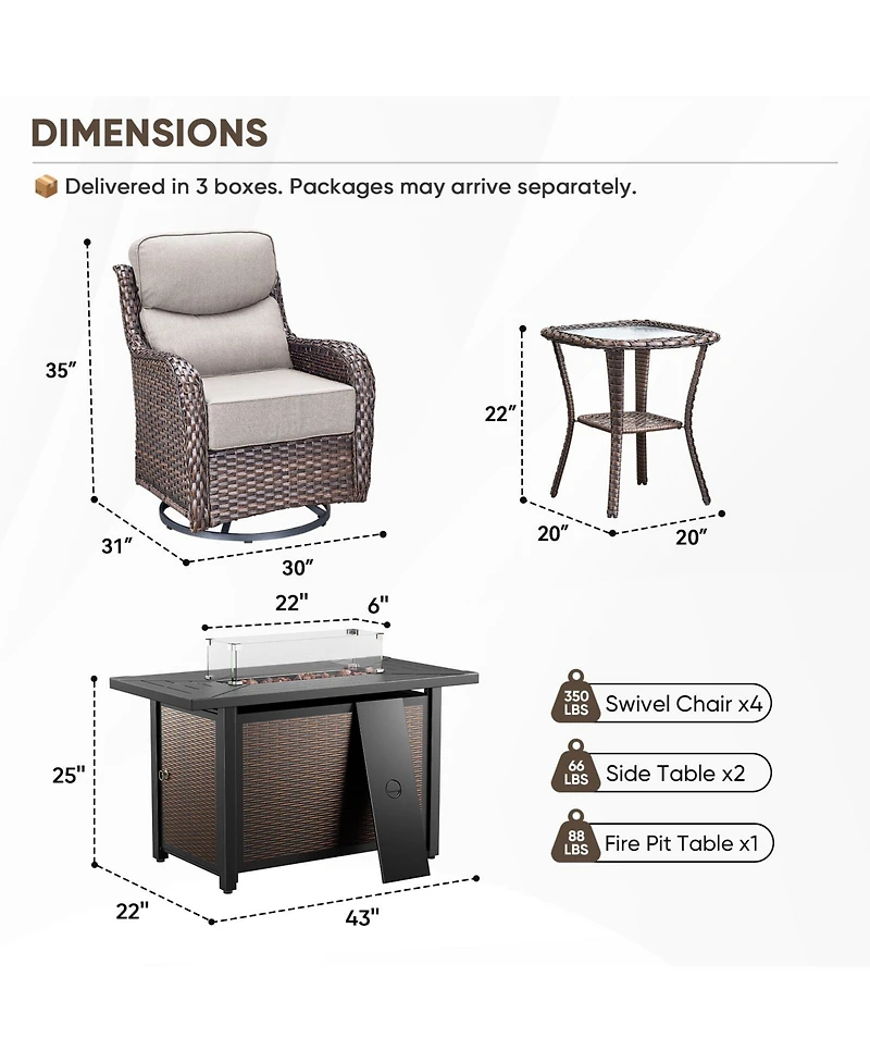 Gymojoy Crescent Brown Wicker Fire Pit Conversation Set with Olefin 6 In. Thick Cushions Patio Swivel Chairs (7-Piece)