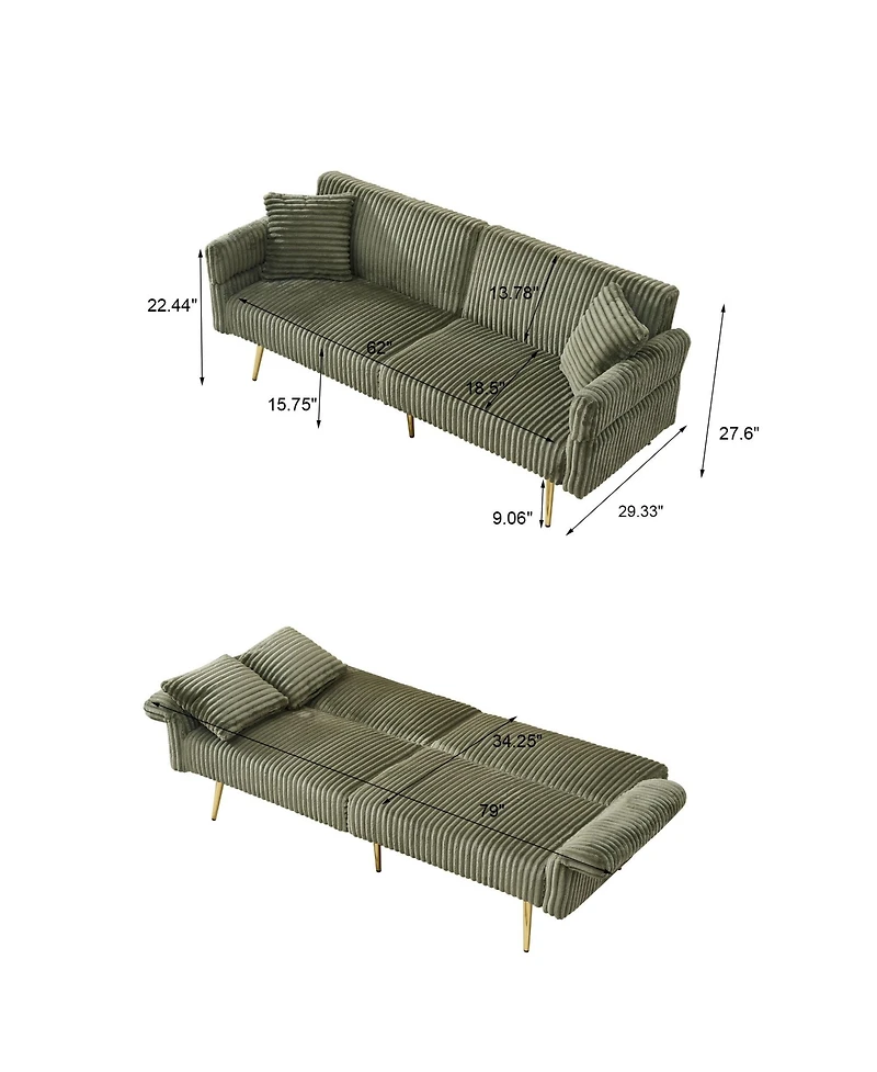Boyel Living 79-Inch Corduroy Sofa Bed Foldable Double with Adjustable Armrests