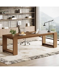 Tribesigns 2 Person Desk, 86.6 Inches Extra Long Double Computer Writing Table, All Wood Large Desks Workstation for Home Office, Natural Oak