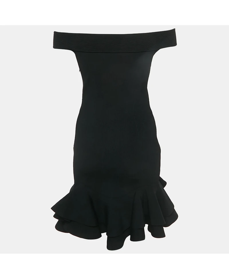 Pre-Owned Alexander Mcqueen Women's Black Rib Knit Off Shoulder Ruffled Mini Dress
