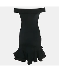 Pre-Owned Alexander Mcqueen Women's Black Rib Knit Off Shoulder Ruffled Mini Dress