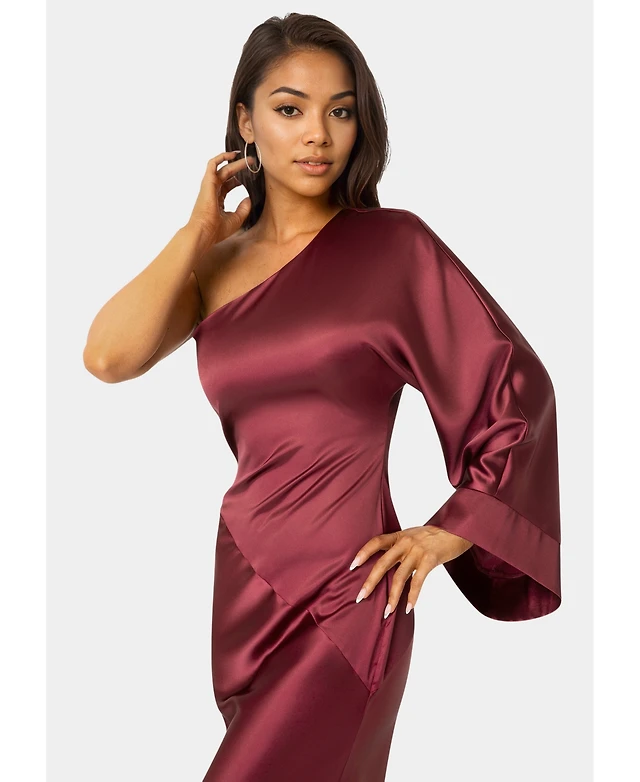 Bebe Women's One Shoulder Bell Sleeve Satin Maxi Dress | Arden Fair