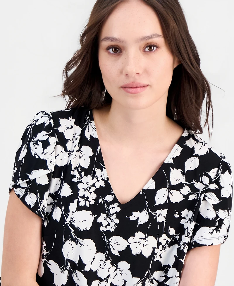 Anne Klein Essentials Petite Tulip-Sleeve Printed Swing Dress