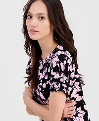 Anne Klein Essentials Petite Floral-Print Gathered-Sleeve Top