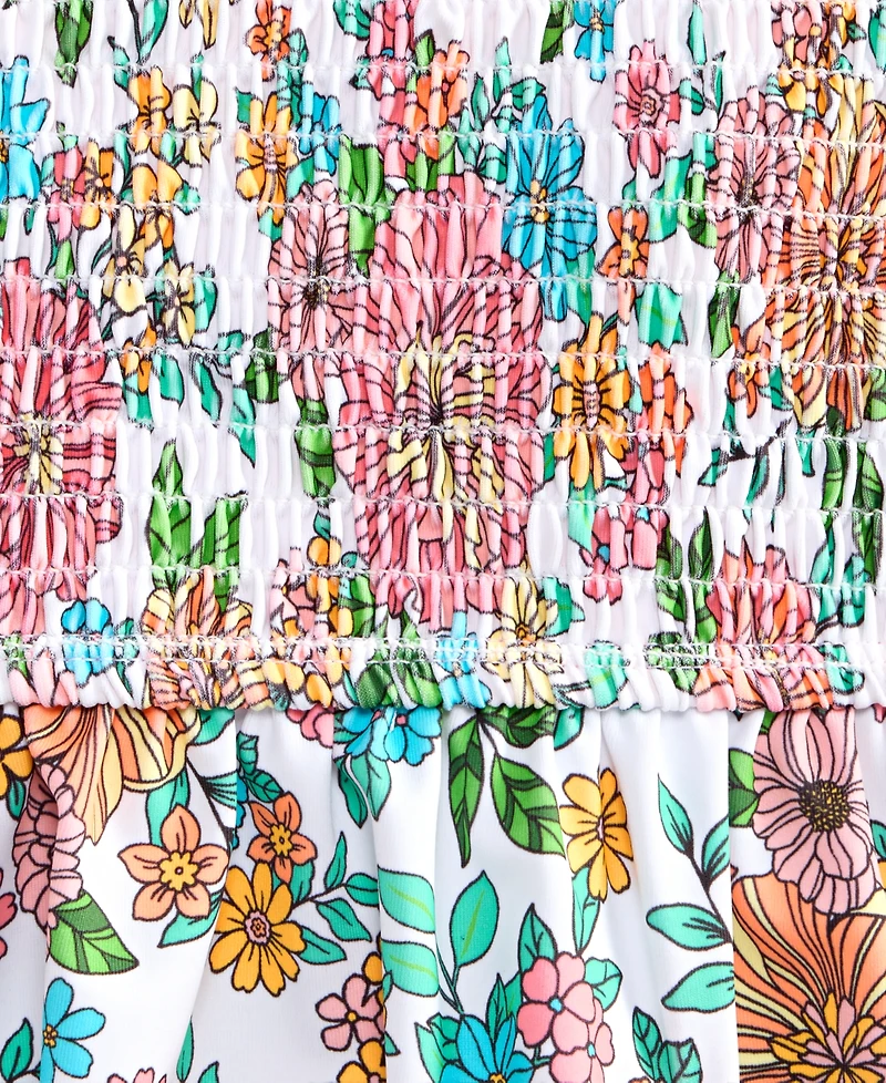 Breaking Waves Girls' 7-16 Floral-Print Smocked Peplum Longline Swimsuit, 2-Piece Set